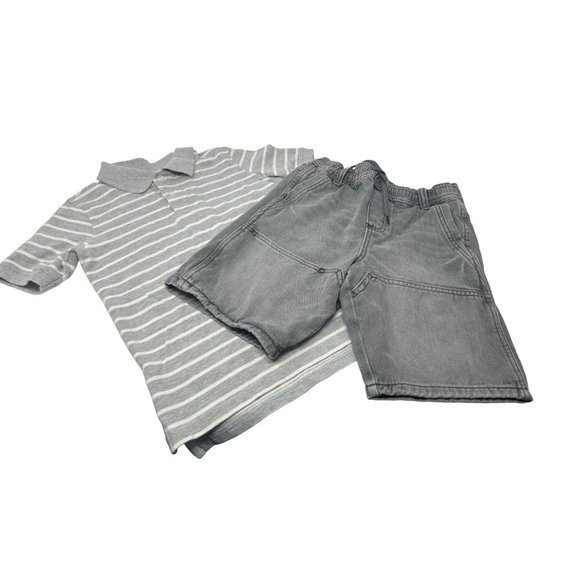 Boy's Grey Denim Wrangler Shorts & Striped Polo‎ Shirt - Size 8 - Picture 1 of 5